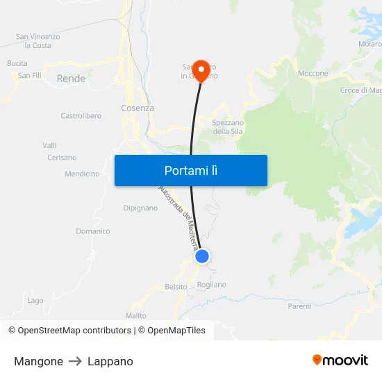 Mangone to Lappano map