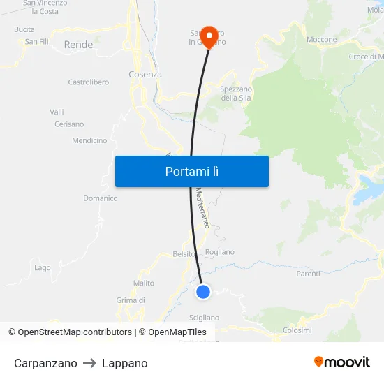 Carpanzano to Lappano map