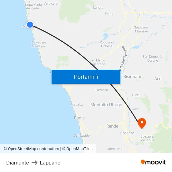 Diamante to Lappano map