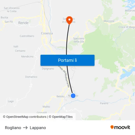Rogliano to Lappano map
