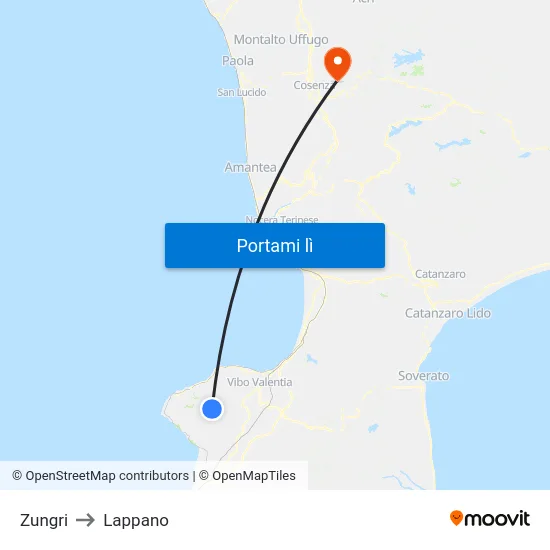 Zungri to Lappano map