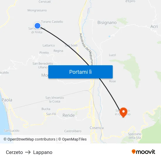 Cerzeto to Lappano map