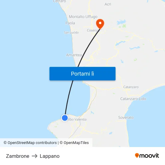 Zambrone to Lappano map