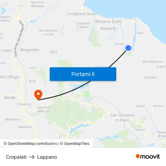 Cropalati to Lappano map