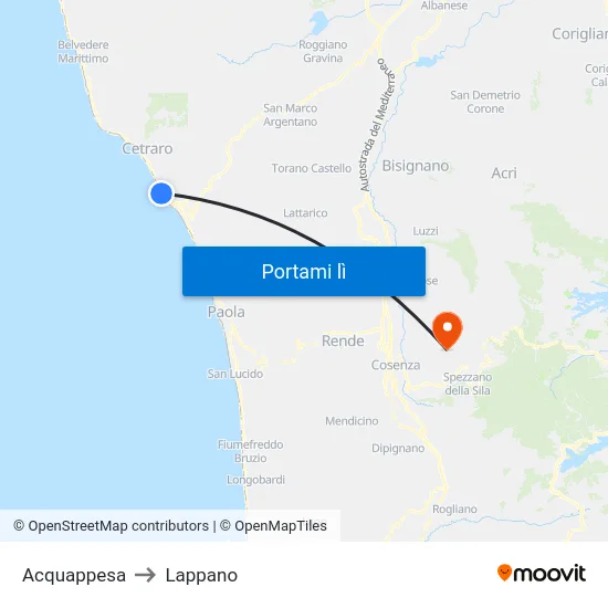 Acquappesa to Lappano map