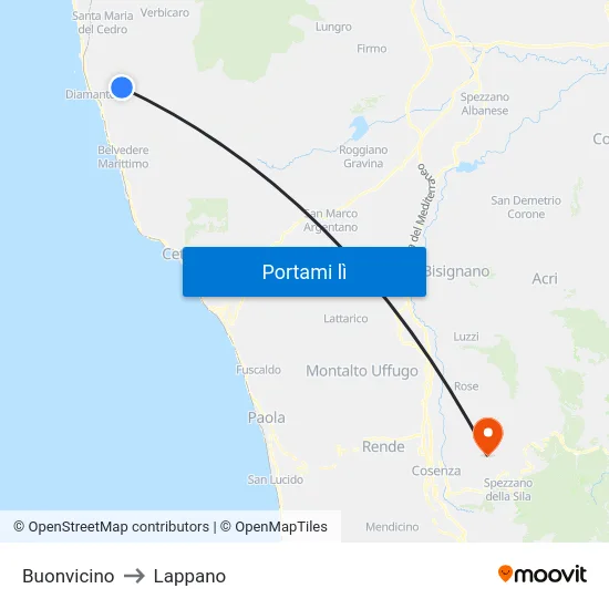 Buonvicino to Lappano map
