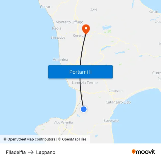 Filadelfia to Lappano map