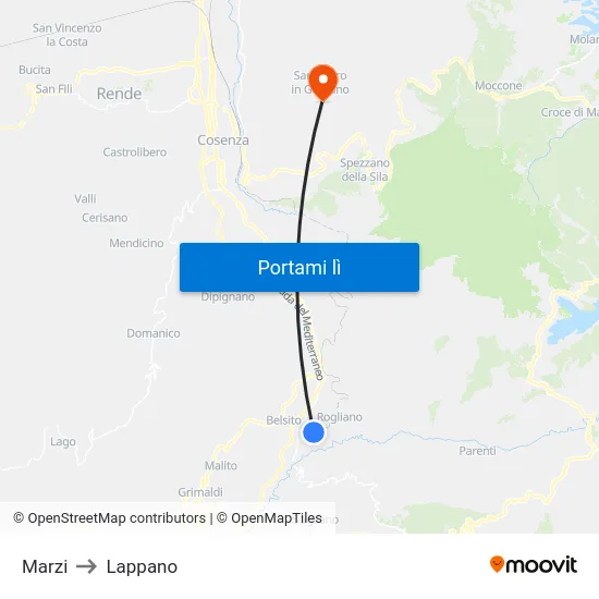 Marzi to Lappano map