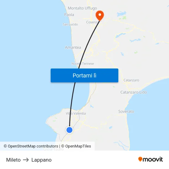 Mileto to Lappano map