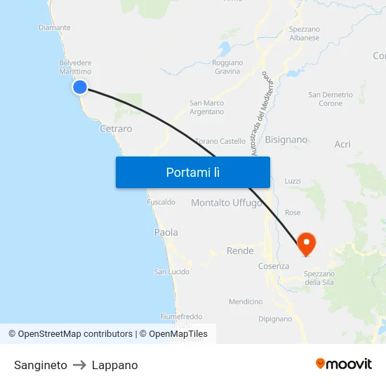 Sangineto to Lappano map