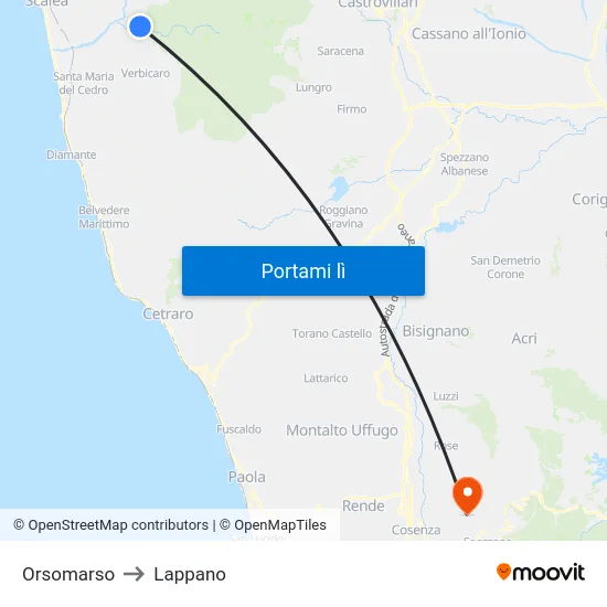Orsomarso to Lappano map