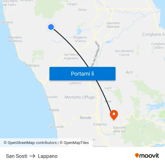 San Sosti to Lappano map