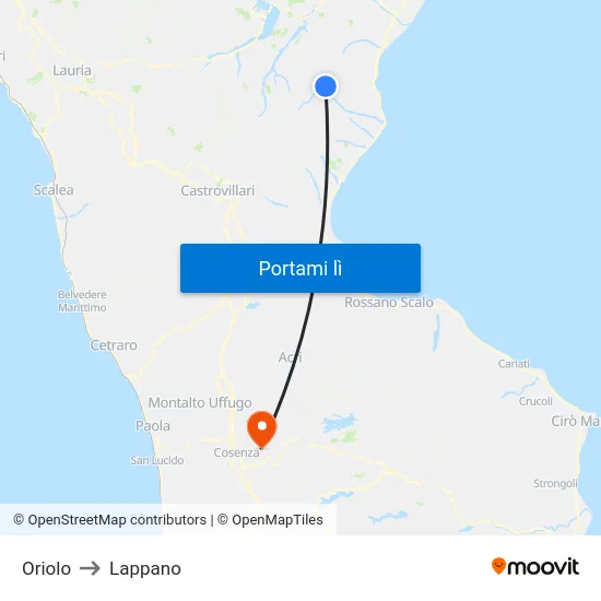 Oriolo to Lappano map