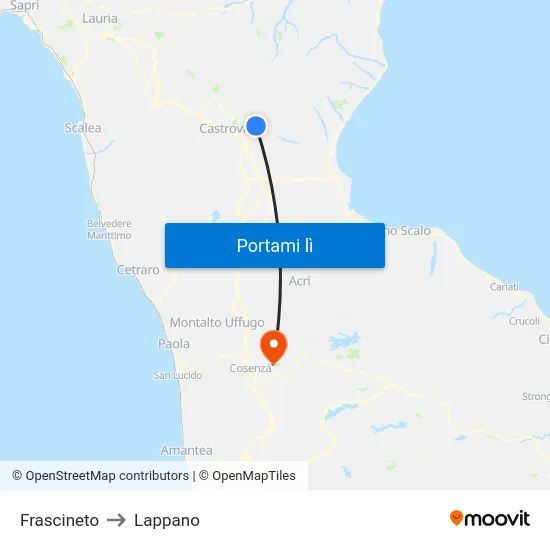 Frascineto to Lappano map