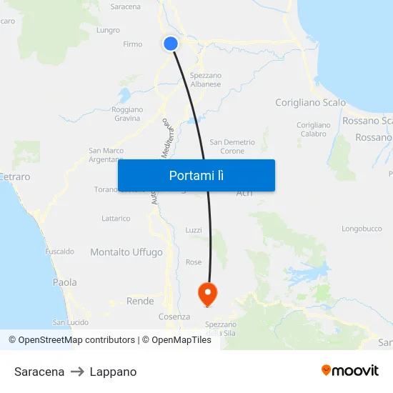 Saracena to Lappano map