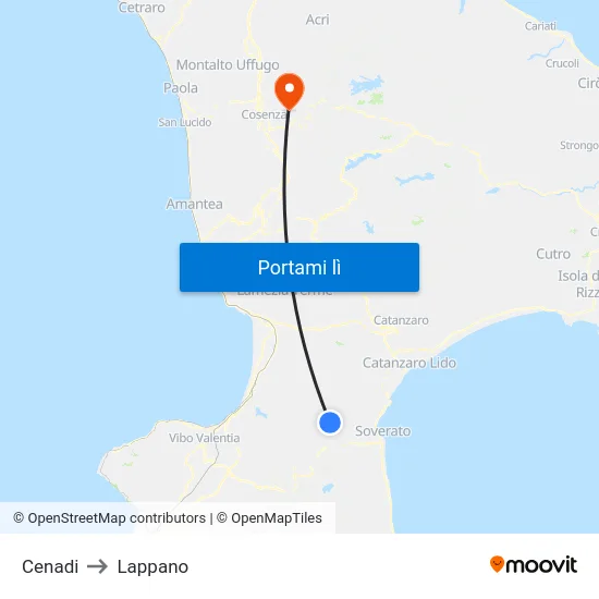 Cenadi to Lappano map