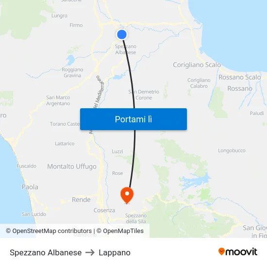Spezzano Albanese to Lappano map
