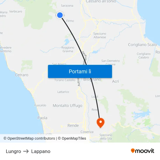 Lungro to Lappano map