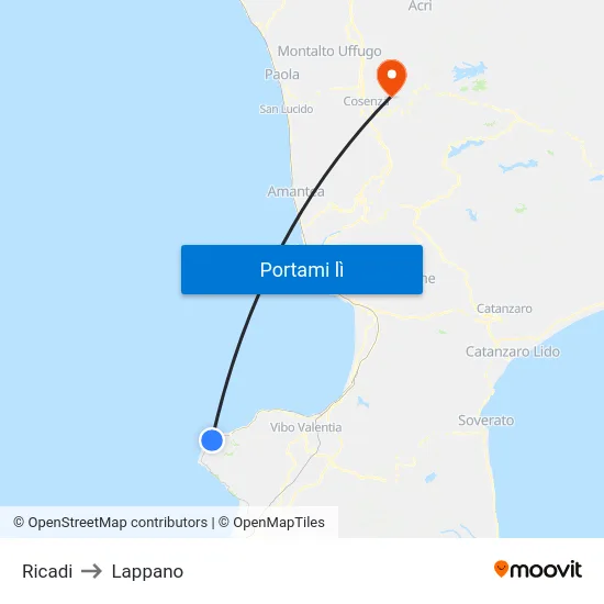 Ricadi to Lappano map