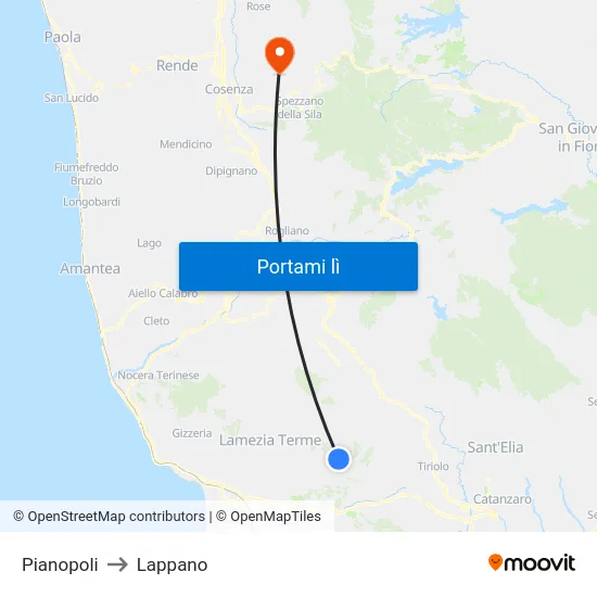 Pianopoli to Lappano map