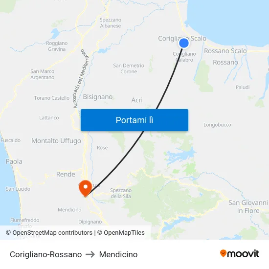 Corigliano-Rossano to Mendicino map