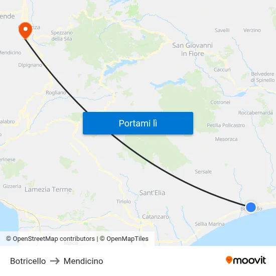Botricello to Mendicino map