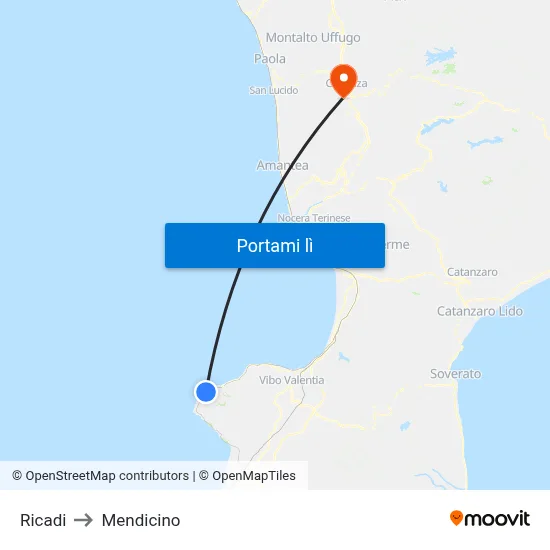 Ricadi to Mendicino map