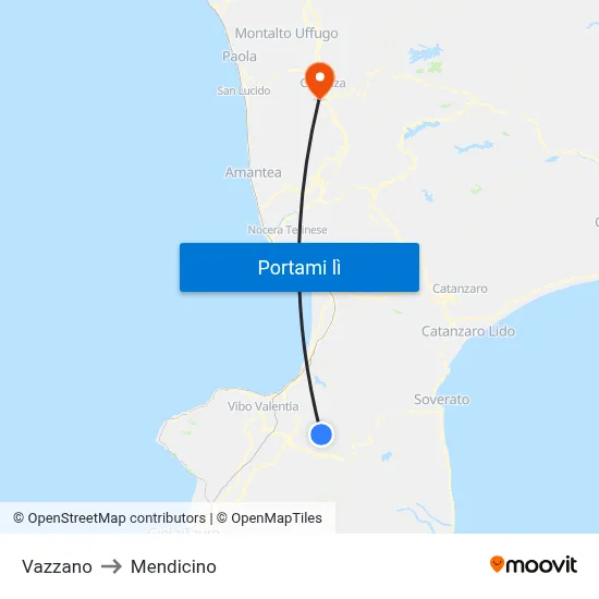 Vazzano to Mendicino map