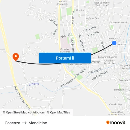 Cosenza to Mendicino map
