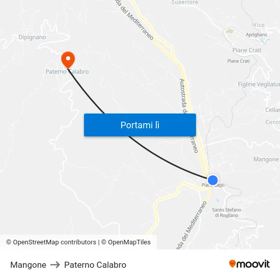 Mangone to Paterno Calabro map