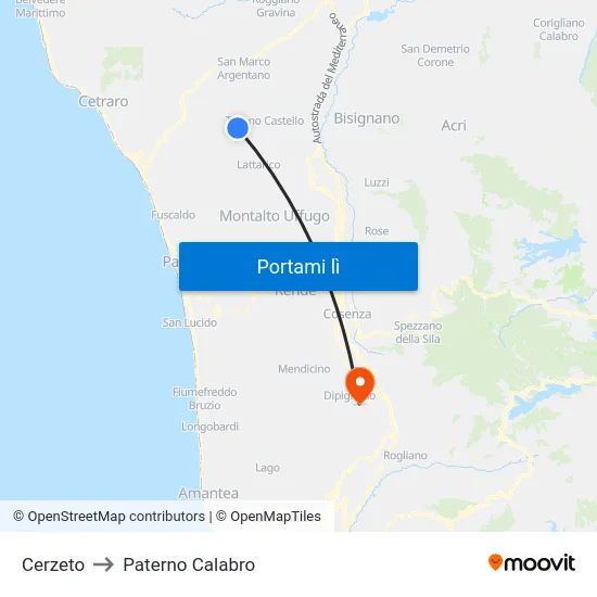 Cerzeto to Paterno Calabro map