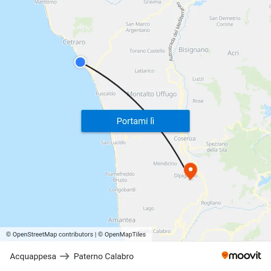 Acquappesa to Paterno Calabro map