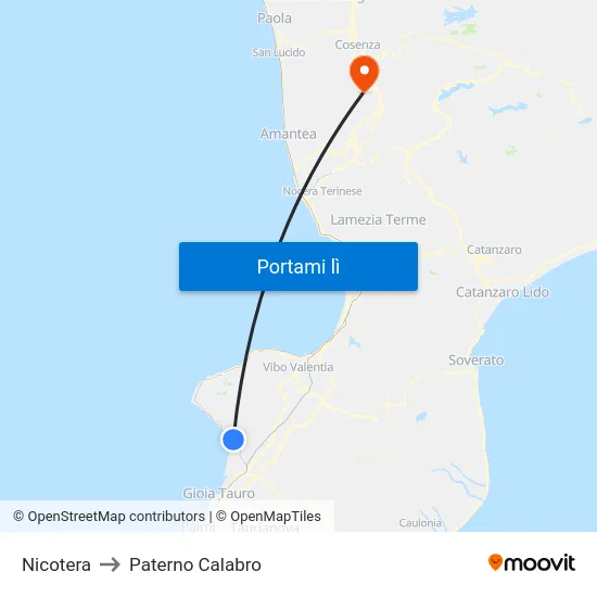 Nicotera to Paterno Calabro map