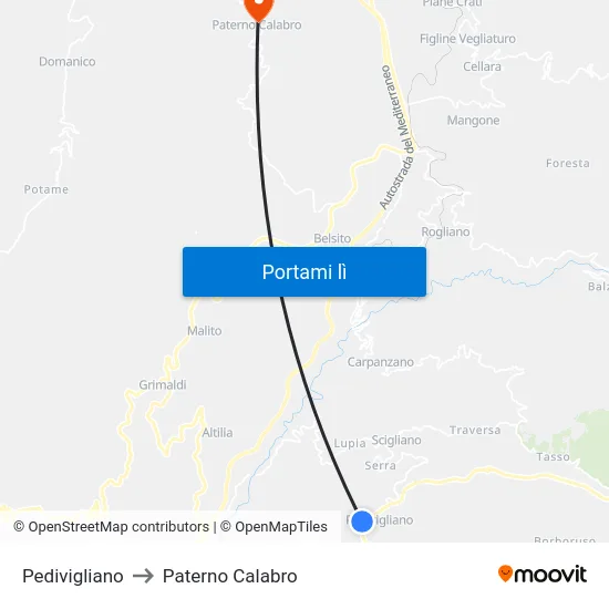 Pedivigliano to Paterno Calabro map