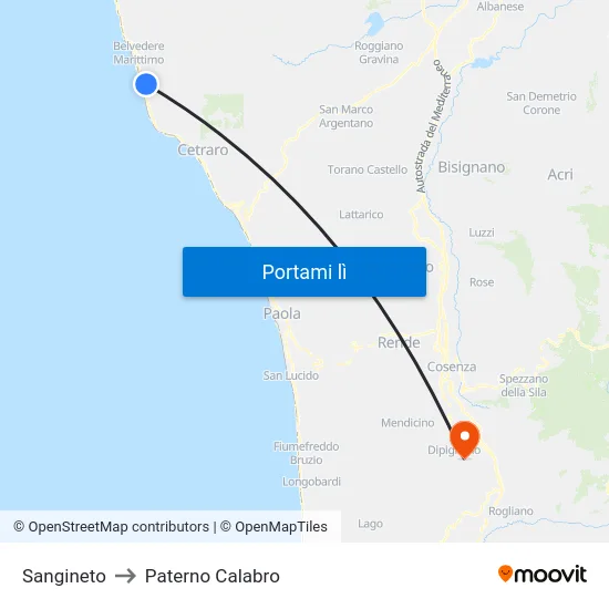 Sangineto to Paterno Calabro map
