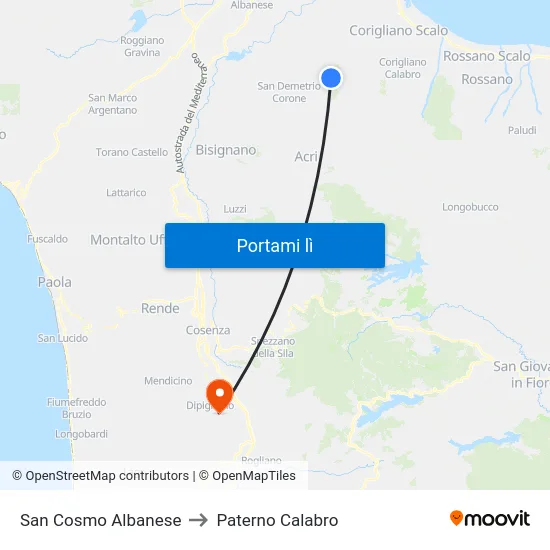 San Cosmo Albanese to Paterno Calabro map