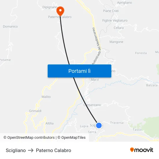 Scigliano to Paterno Calabro map