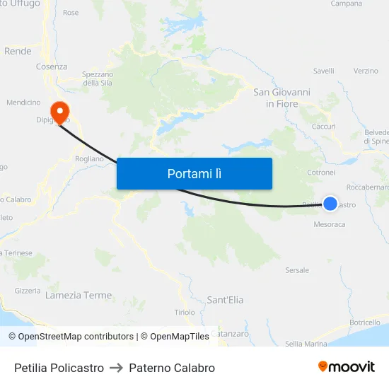 Petilia Policastro to Paterno Calabro map