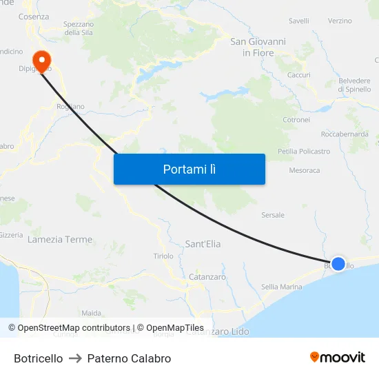 Botricello to Paterno Calabro map