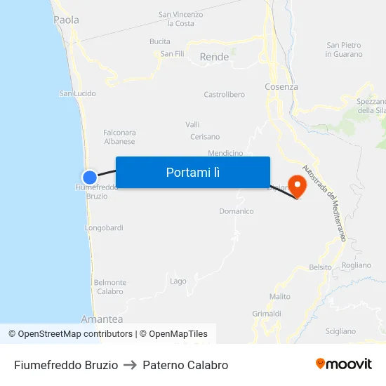 Fiumefreddo Bruzio to Paterno Calabro map