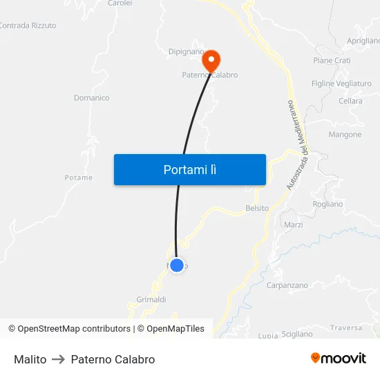 Malito to Paterno Calabro map
