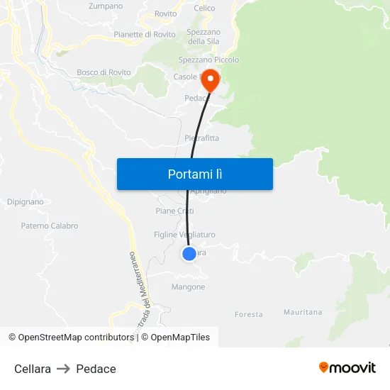 Cellara to Pedace map