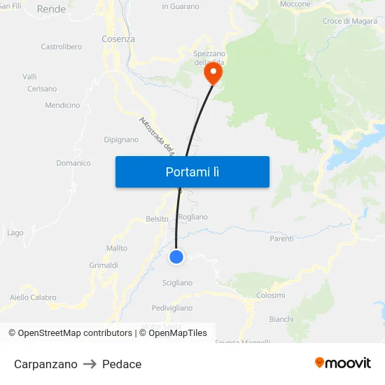 Carpanzano to Pedace map