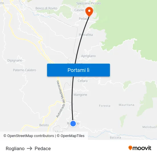 Rogliano to Pedace map