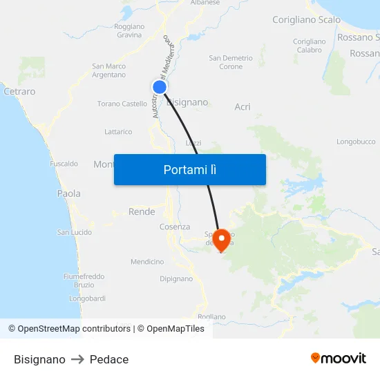 Bisignano to Pedace map