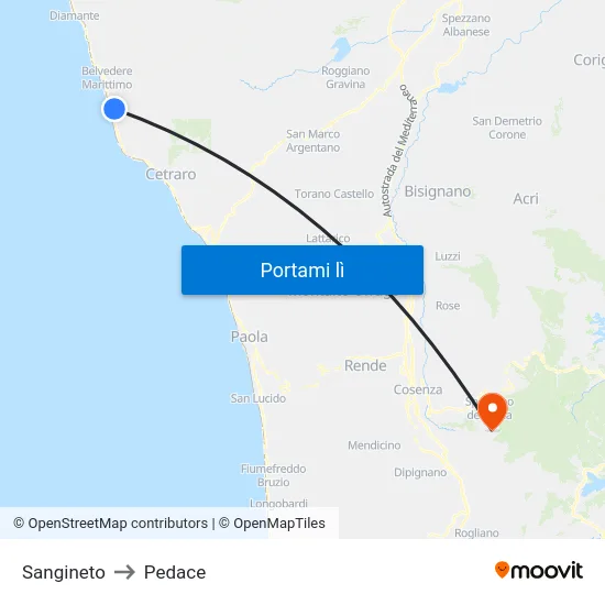 Sangineto to Pedace map