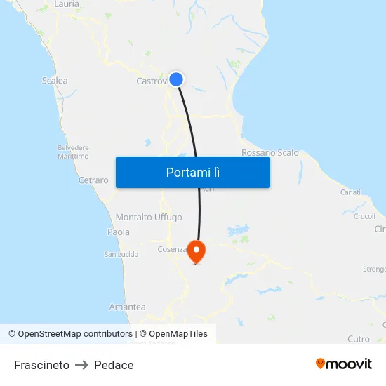 Frascineto to Pedace map
