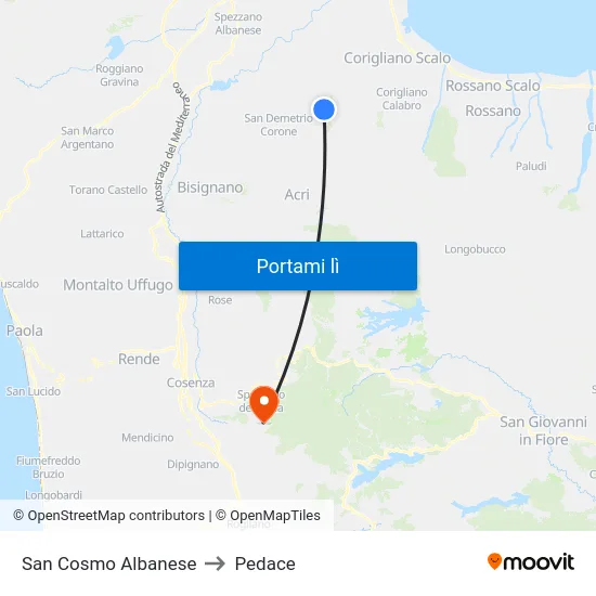 San Cosmo Albanese to Pedace map