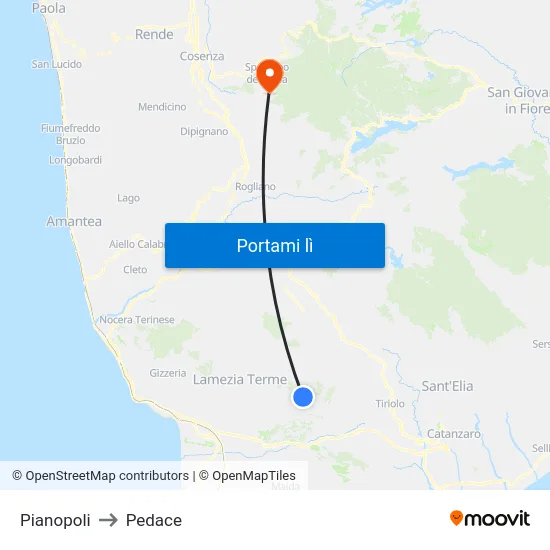 Pianopoli to Pedace map
