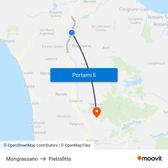 Mongrassano to Pietrafitta map